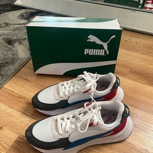 Puma White Sneakers with Blue, Red & Black Accents